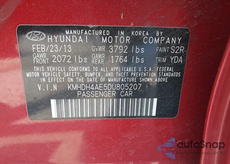2013 Hyundai Elantra Gls z USA, uszkodzony, nr VIN KMHDH4AE5DU805207